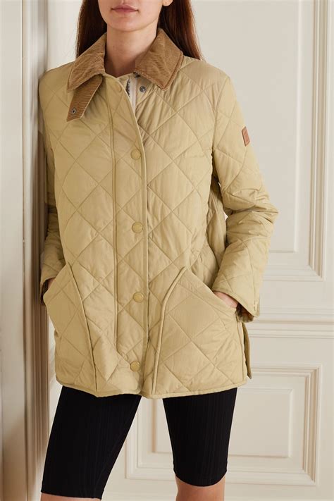 burberry corduroy and leather-trimmed quilted shell coat|BURBERRY Corduroy and leather.